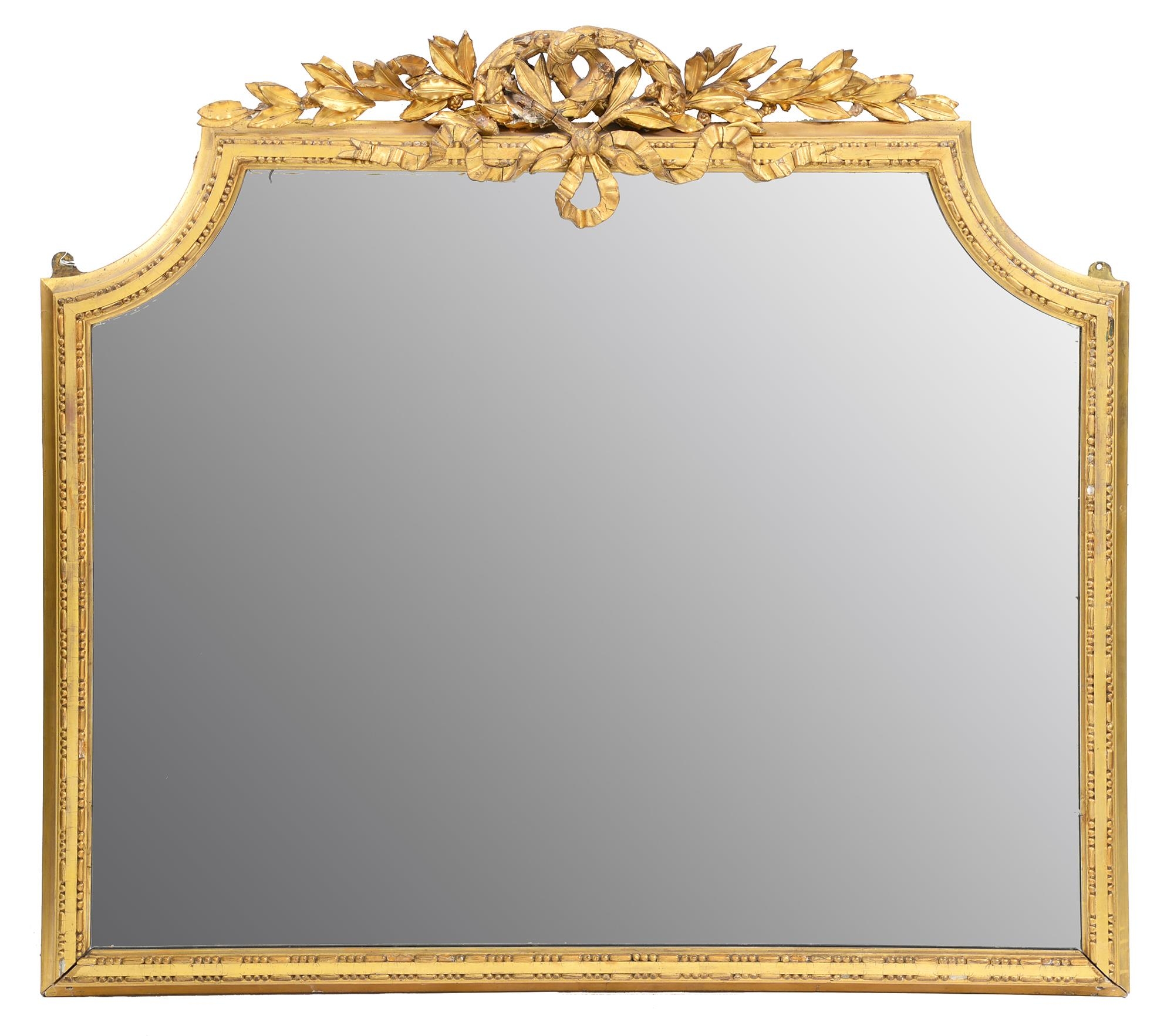 A Victorian giltwood and composition overmantle mirror, crested by laurels and ribbons, 125 x 108cm