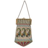 A beadwork evening bag, c1920, with pink paste set giltmetal cantle and chain handle, worked with