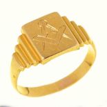 A gold signet ring, engraved with masonic emblems, apparently unmarked, 7.9g, size Q½ Light
