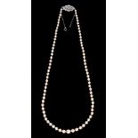 A single row cultured pearl necklace, of 4-7.5mm cultured pearls, the diamond clasp millegrain