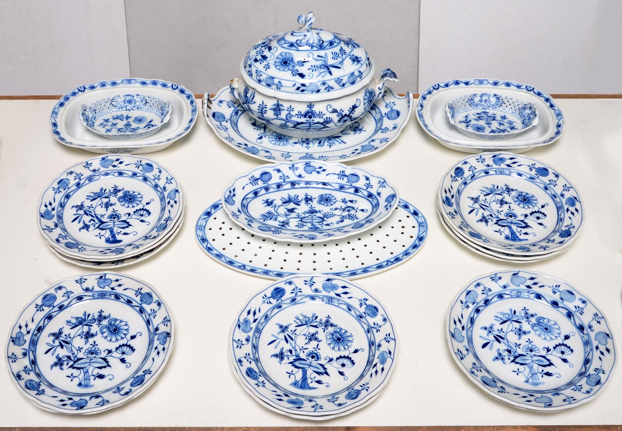 A Bloch & Co Eickwald blue and white dinner service, late 19th c, decorated in the Meissen Onion