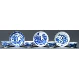 Four Worcester blue and white tea bowls and three saucers, c1780-85,  transfer printed with the