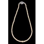 A cultured pearl necklace, of 5-8mm cultured pearls, with diamond clasp, 43cm l, 21.6g Good