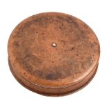 A French turned burr maple snuff box and cover, c1830, copper gilt lined, 85mm diam