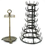 A French cast iron  faux bamboo umbrella stand, mid 20th c, gold painted, 64cm h and a black painted