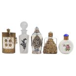 Five various  brass, porcelain and glass scent bottles, 20th c,  various sizes The lot in good