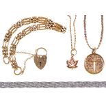 A 9ct gold gate bracelet and padlock, 17cm l, two 9ct gold pendants and necklets and a 9ct white