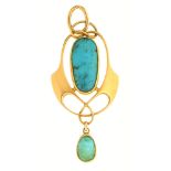Murrle, Bennett & Co. A Jugendstil  turquoise  matrix openwork pendant, c1900, in gold, 40mm h,