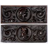 Pair of carved walnut 'romayne' panels, late 19th c, 19 x 48cm Corners of one panel chipped