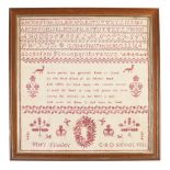 A Victorian red work linen sampler, Mary Plimley C.B.D.[Coalbrookdale School] 1851, worked with