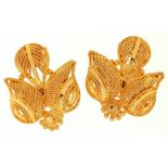 A pair of Malaysian leaf shaped gold filigree ear studs, 16mm, marked on butterfly 916, 3.8g Good