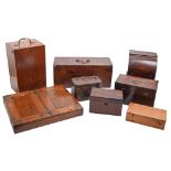 Eight George III and later mahogany and other tea chests and boxes, to include a mid-19th c