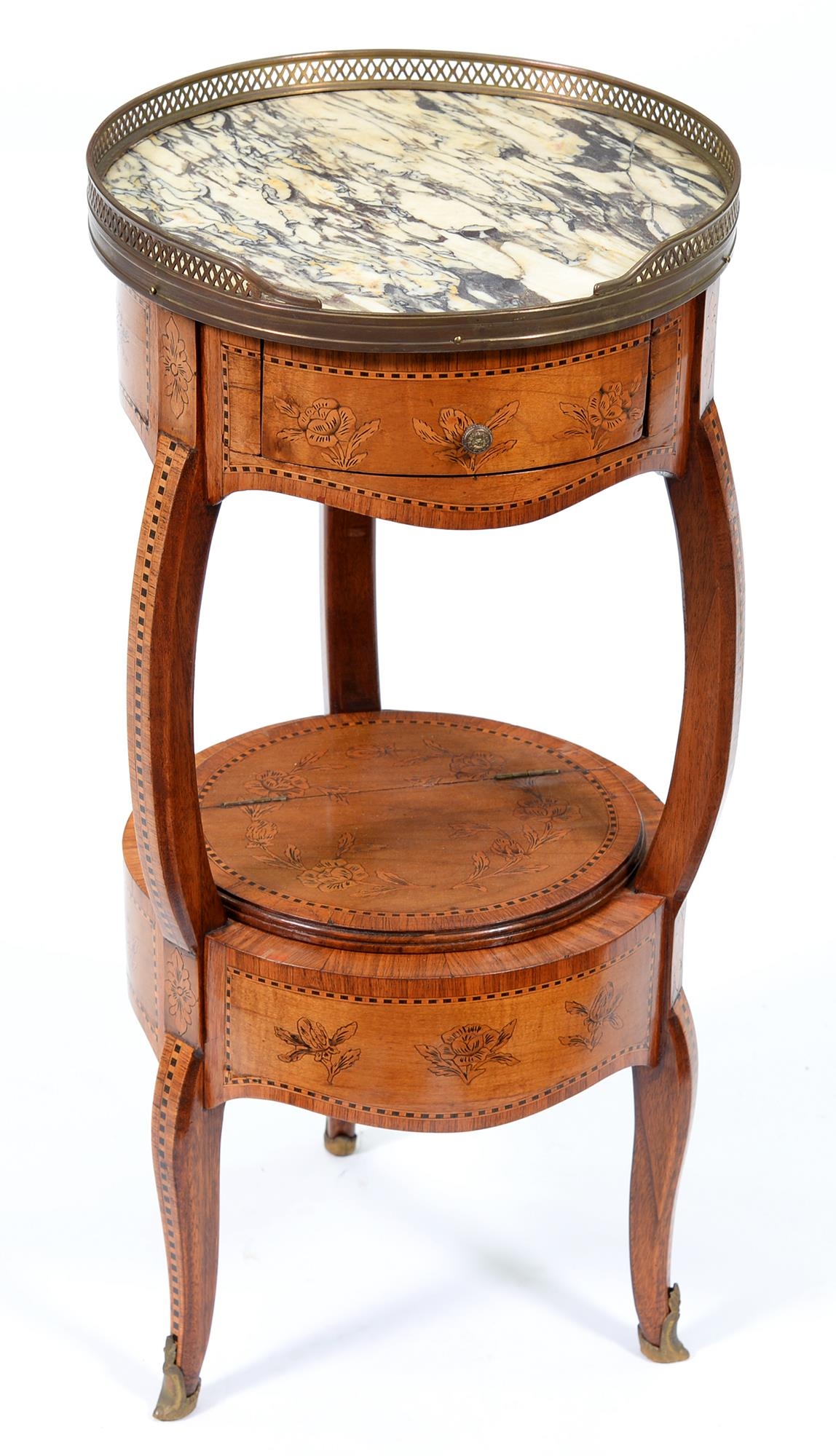 A French kingwood, walnut, marquetry and penwork table ambulant, late 19th c, the round marble top