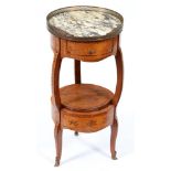 A French kingwood, walnut, marquetry and penwork table ambulant, late 19th c, the round marble top