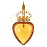 A Victorian crown and heart pendant, possibly Scottish, the gold crown with 14 pearls to the