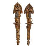A pair of giltwood  single light sconces, early 20th c, in the form of a flower filled torch, 35cm h