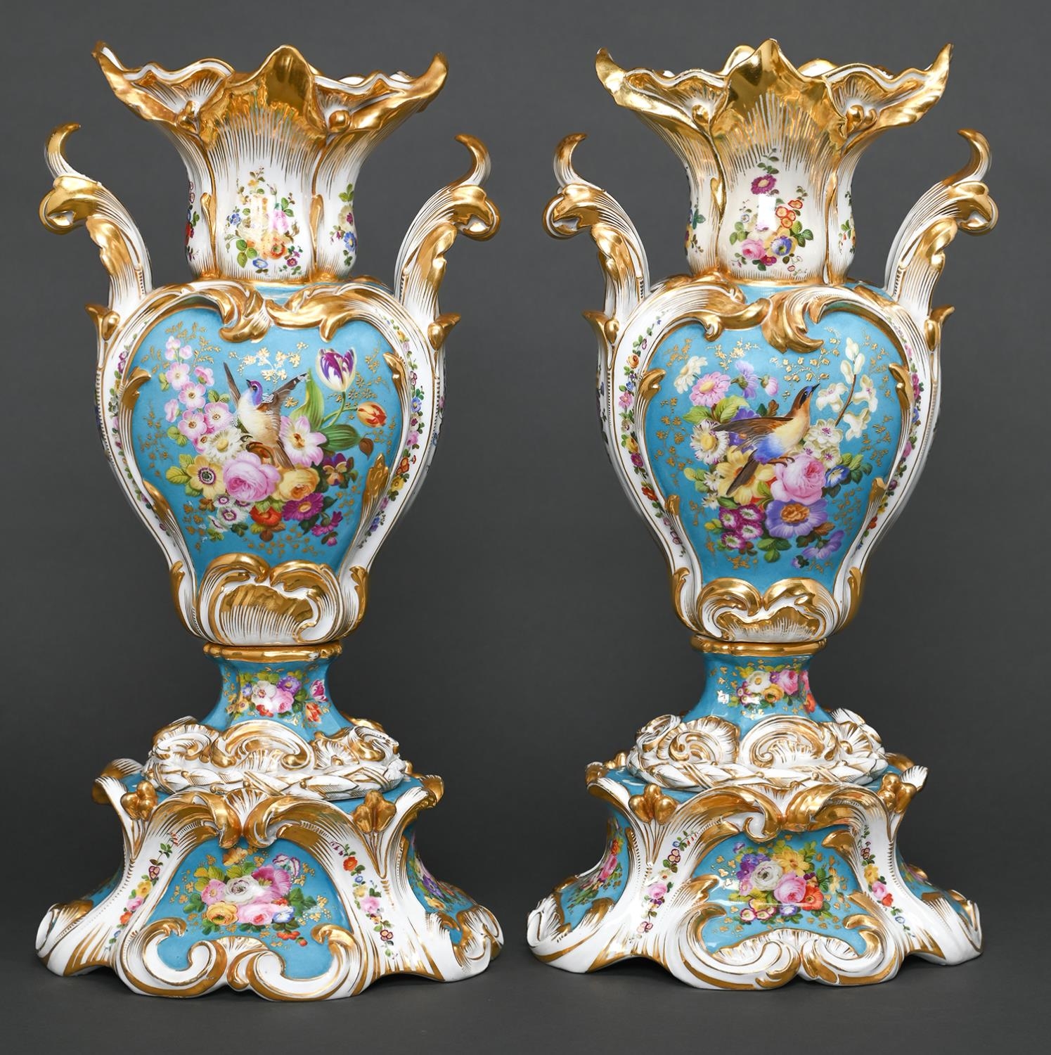 A pair of French revived rococo vases, c1850, painted with birds and flowers reserved on a bleu - Image 2 of 2