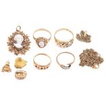 A Victorian 15ct gold ring, three other gold rings, various gem set, various sizes and miscellaneous