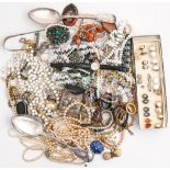 Miscellaneous costume jewellery,  a 19th c giltmetal quizzing glass, etc