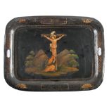 A Victorian japanned tinplate tea tray, painted with the crucifixion, 72cm l