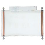 An Art Deco frameless mirror, with chromium plated metal mounted tinted glass pillars, 55 x 75cm