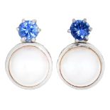 A pair of tanzanite and cultured pearl ear studs, 14mm h, marked on butterfly 925, 6.2g Good
