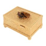 A Swiss giltmetal singing bird box, late 20th c, clockwork movement, on ball feet, 10cm l Good