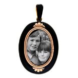 A Victorian split pearl and gold and black enamel locket, 43mm h, 20.7g Good condition