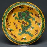 A Chinese green, aubergine and yellow glazed dragon bowl, 20th c,  with incised decoration, 22cm