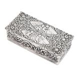 An Elizabeth II silver snuff box, die stamped with flowers and C-scrolls, 68mm l, by DSM,