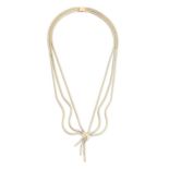 A gold three strand necklace, c1960, 42cm l, marked 9ct, 56.1g, in the original Chaincraft box