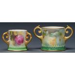 A Royal Worcester miniature loving cup and tyg, 1908 and 1924, painted with Hadley roses on a shaded