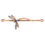 A sapphire and diamond dragonfly brooch, in gold on gold safety pin, 57mm l, marked 9ct, 7g Good
