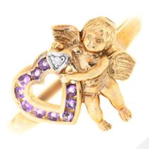 An amethyst and diamond cherub-and-heart ring, in 9ct gold, 2.8g, size U½ Good condition
