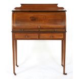 An inlaid mahogany cylinder top writing desk, early 20th c, with fitted interior, on square tapering