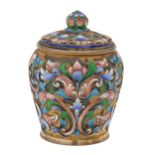 A Soviet silver gilt and shaded cloisonne enamel jar and cover, 80mm h, bearing spurious earlier