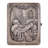 A Russian silver cigarette case, the lid in repousse with a Boyar wearing a fur trimmed coat and