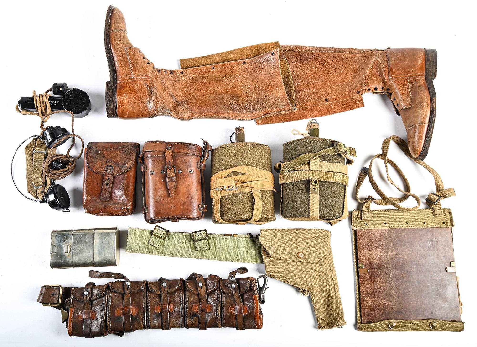 Miscellaneous WWI and WWII British Army accoutrements, to include leather cartridge belt, water