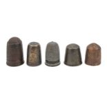 Five European brass and other thimbles, 16th-18th c, 26cm h and smaller Some wear but mostly good