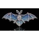 A Continental silver and plique a jour enamel bat brooch, early 20th c, paste set, 53mm, marked