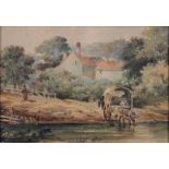 English School, early 19th c - A Wagon Fording a Stream, watercolour, 14 x 20cm, a miniature