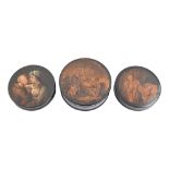 A papier mache snuff box painted with a couple, another with printed lid and another, larger, 95-