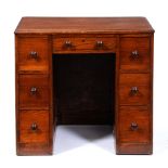 An oak kneehole desk,  the sides panelled, 77cm h; 61 c 82cm Shrinkage crack across top