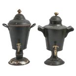 Two dark green tole tea urns and covers, 19th c,  with brass knop and tap, 43 and 46cm h Paint