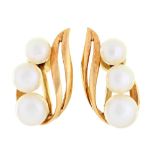A pair of cultured pearl earrings,  of leaf shape mounted in gold, 18mm h, marked K18, 4.5g, good