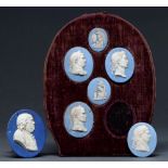 Five Wedgwood jasper portrait medallions and cameos, 19th c,  classical subjects, oval, 50mm and