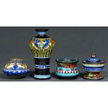 Two Gouda art pottery vases and two inkwells, one with cover, first half 20th c, larger vase 15cm h,