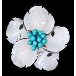 A turquoise and carved mutton fat jade flower pendant, mounted in silver, 89mm, 149g One turquoise