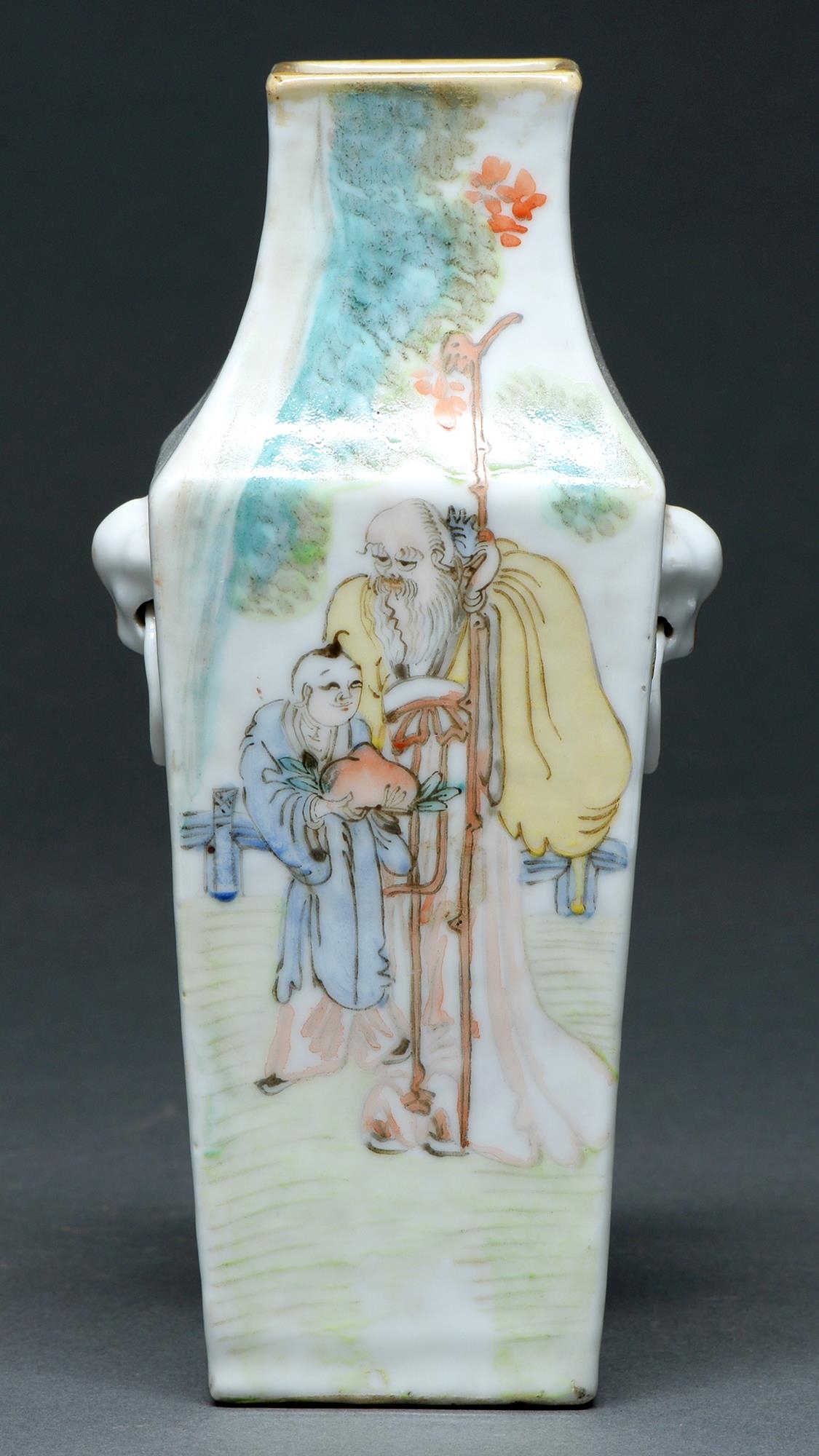 A Chinese porcelain vase, c late 19th c,  of square section with ring handles, painted with - Image 2 of 2