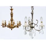 A silvered metal three light chandelier and a giltmetal six light chandelier, 44 and 56cm h Good